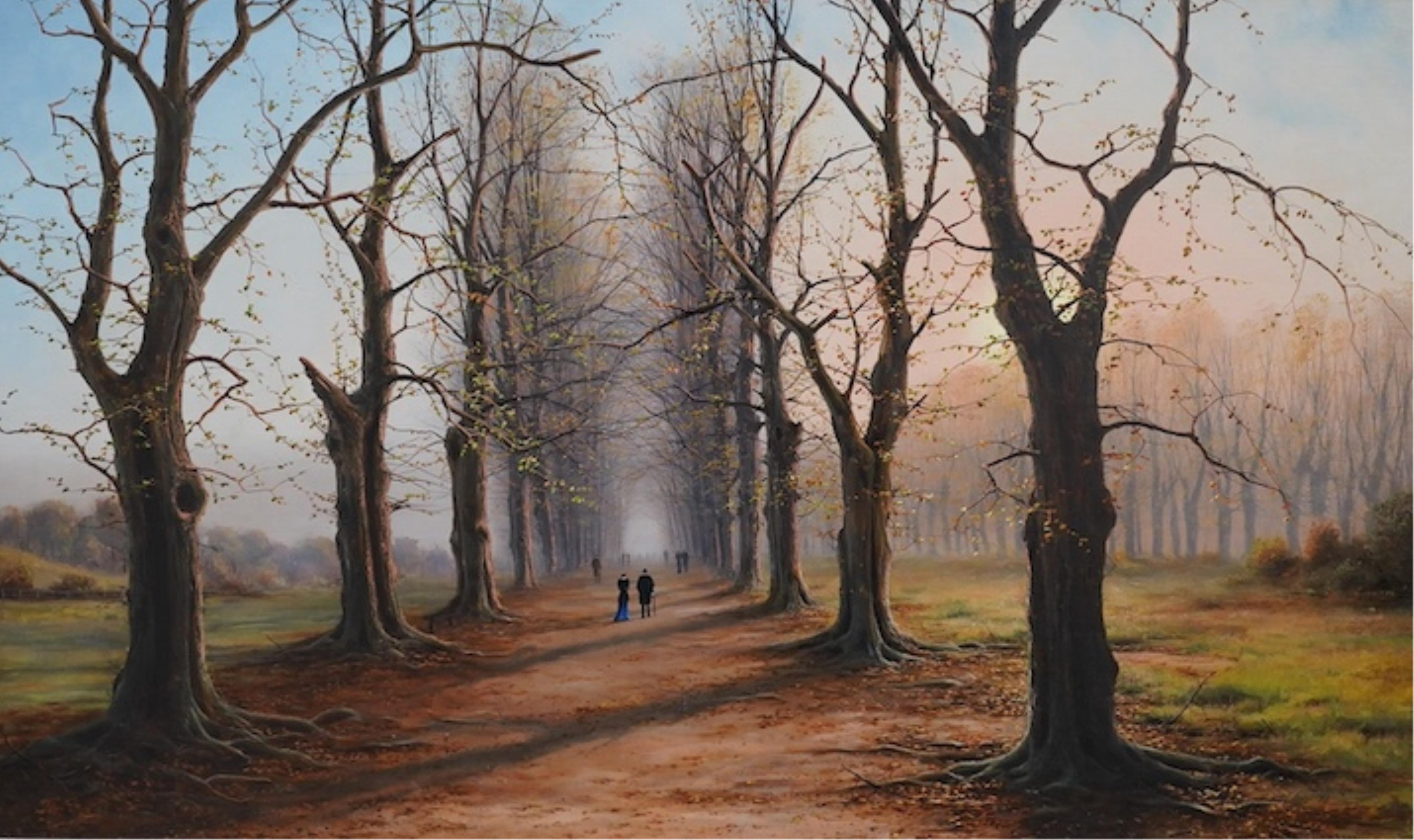 Niels H. Christiansen (1850- 1922), large oil on canvas, Tree lined pathway with figures, signed, 75 x 125cm, gilt framed. Condition - good